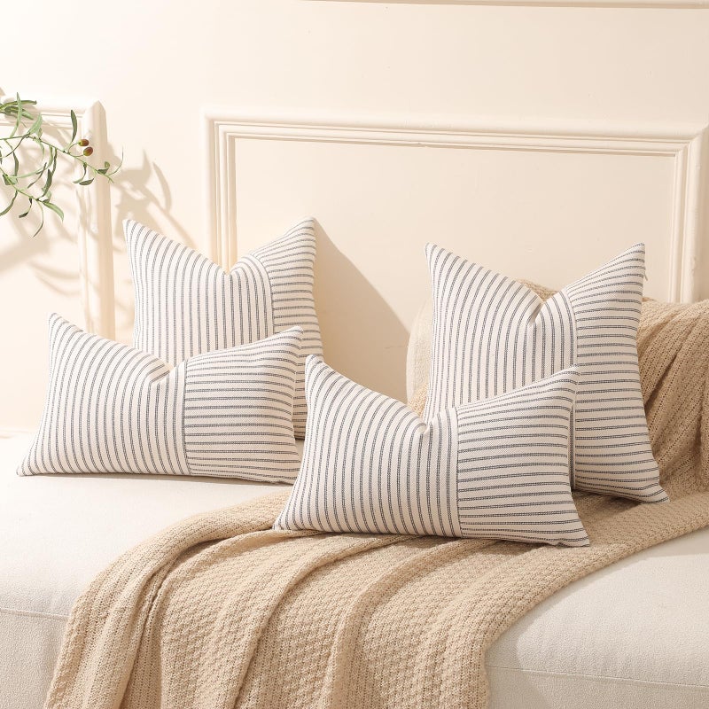 Hckot Set of 2 Farmhouse Throw Pillow Covers 18 x 18 Striped Linen Decorative Pillows Case for Sofa Couch Chair Bedroom Modern Decor(Grey) - Image 3